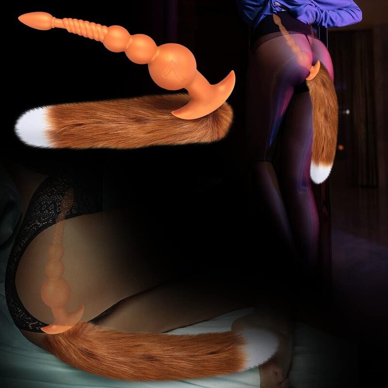 Liquid Silicone Anal Beads with Removable Foxtail Extra Long Fox Tail Anal Plugs Anal Stimulator for Men Women Couples Cosplay