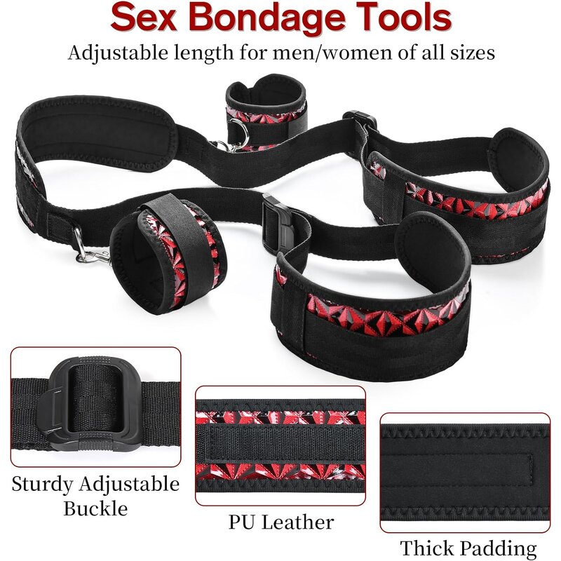 BDSM Sex Bondage Set Adult Fetish Handcuffs Neck Ankle Thigh Cuff Restraints with Inflatable Ramp Pillow Blindfold Adult SM Mask