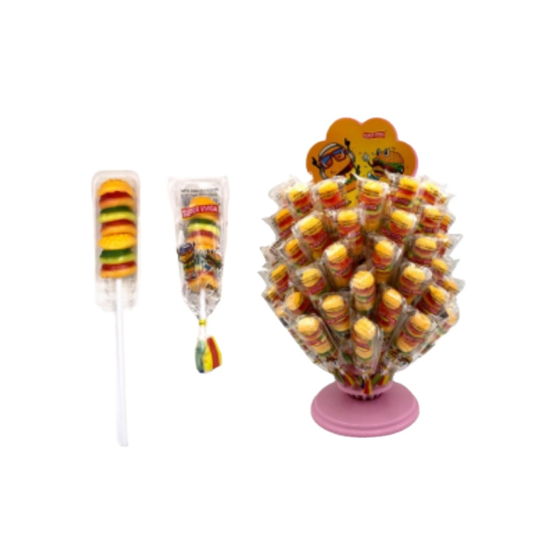 Fruity Burger Gummy Candy in Box Packaging Lollypop Strawberry, apple and Orange Flavors Fun Gelatin Fudge