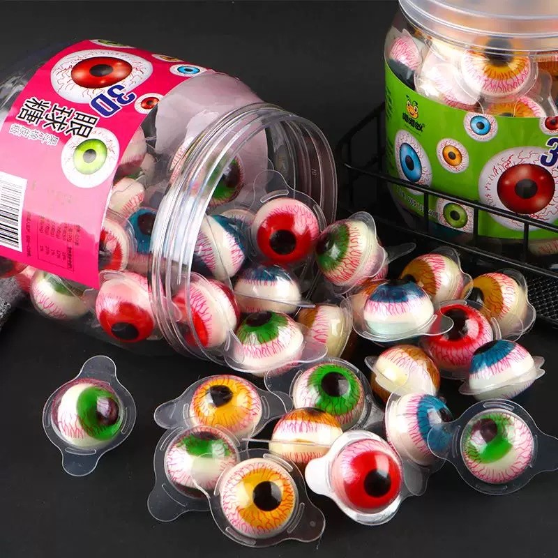 Wholesale Halal Sweet Fruit Flavor Filled 3d Gummy Eyeballs Candy Jelly Ball Soft Candy in Bottle