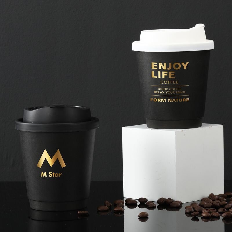 Gold Foil Coffee Cup Factory - Wins Flying Gold Foil Stamping Black Disposable Takeaway Double Wall with Lid