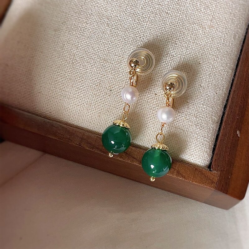 Mosquito Coil Ear Clip Factory - Vintage Green Agate Pearl 18K Gold Plated Copper