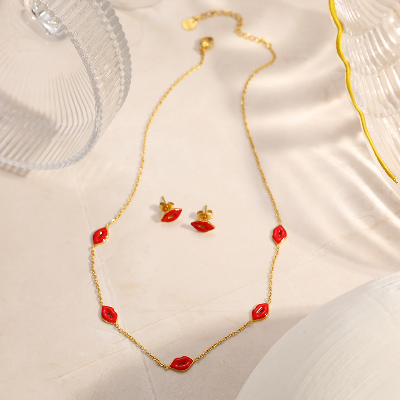 Red Lip Jewelry Set Supplier - Oil Drop Pendant 18K Gold Plated Set