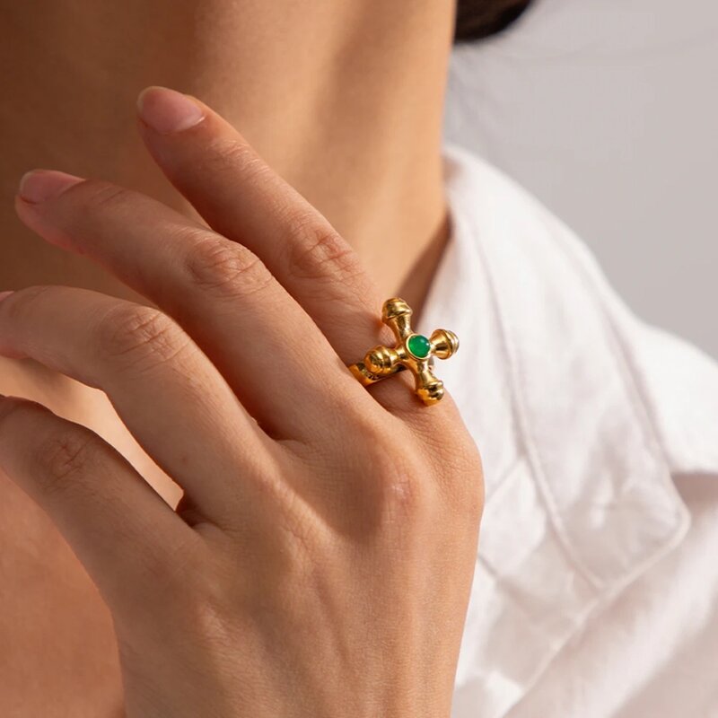 Cross Turquoise Ring Factory - Vintage Wholesale 18K Gold Plated Stainless Steel