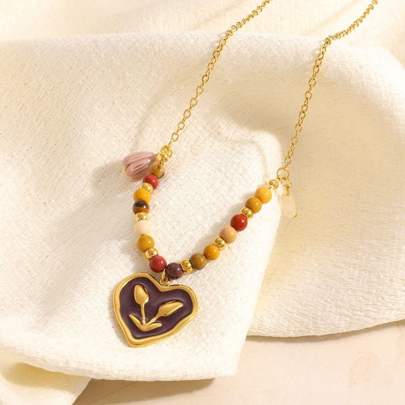 Drip Oil Heart Necklace Manufacturer - Vintage Beaded Chain 18K Gold Plated
