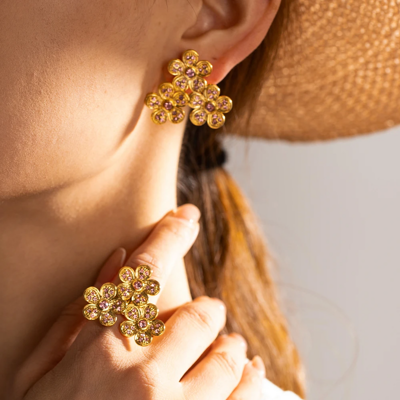 Women's Earring Ring Set Factory - Custom Multi-Cubic Zirconia Flower Studs