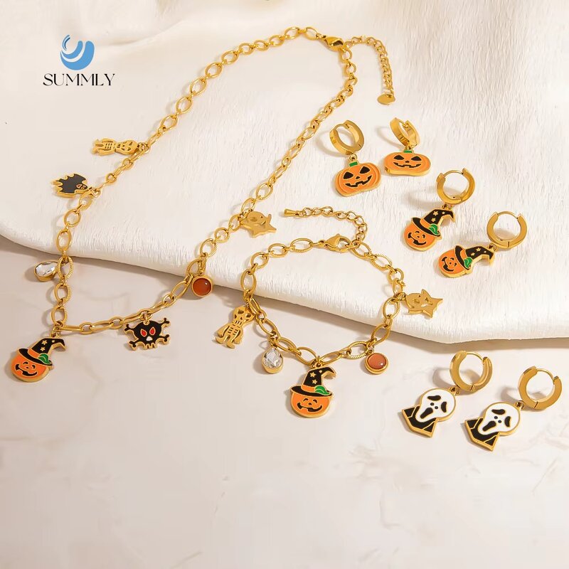 Halloween Jewelry Factory - Trendy Pumpkin Head Ghost 18K Gold Plated Charm