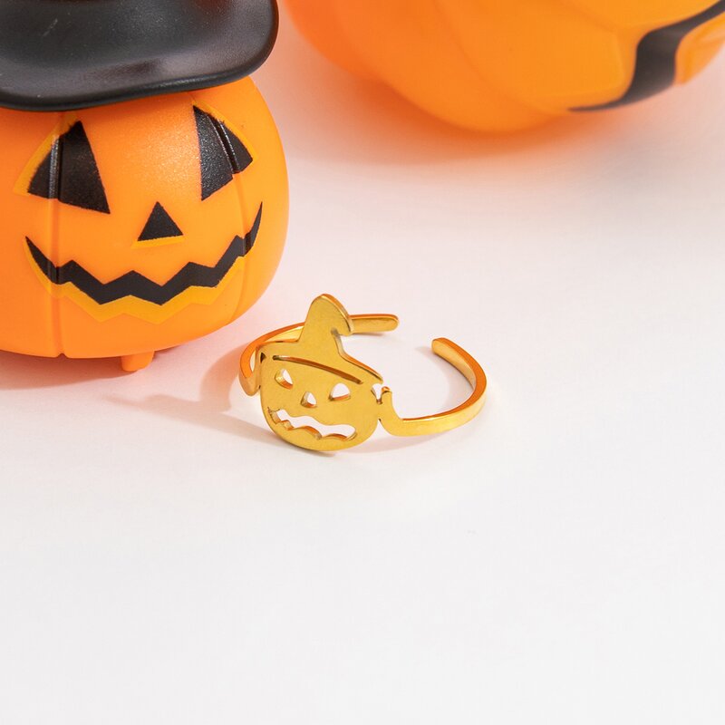 Halloween Ring Supplier - Stainless Steel Open 18K Gold Cartoon Pumpkin