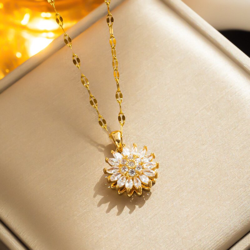 Sunflower Necklace Supplier - Rotating Zirconia 18K Gold Plated Stainless Steel