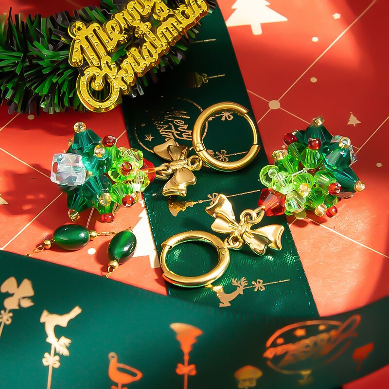 Christmas Earrings Manufacturer - Crystal Christmas Tree 18K Gold Plated Bow