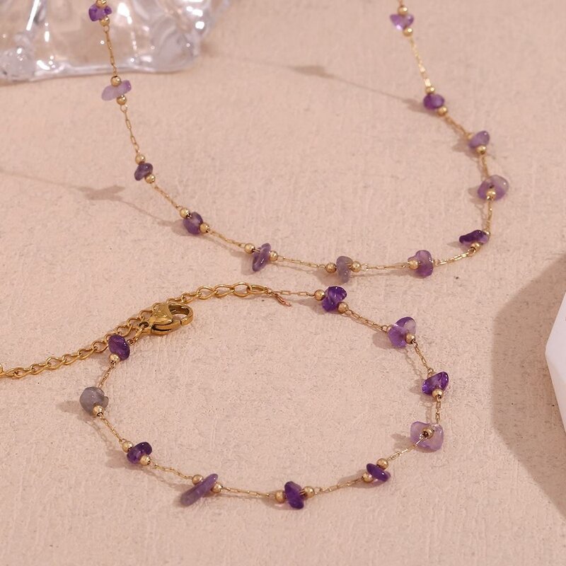 Purple Crystal Choker Supplier - Gold Plated Gemstone Bead Stainless Steel