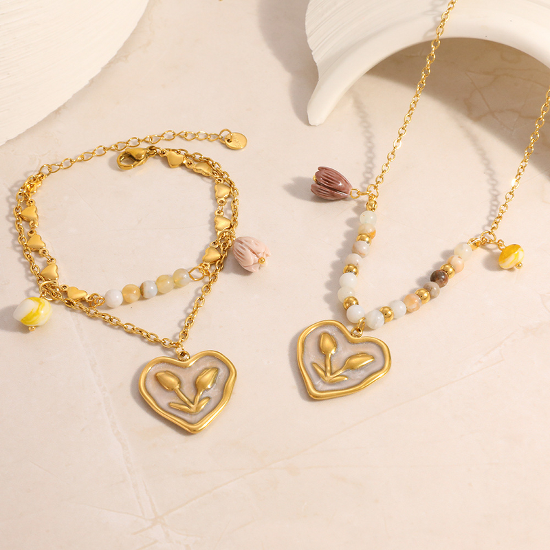 Drip Oil Heart Necklace Manufacturer - Vintage Beaded Chain 18K Gold Plated