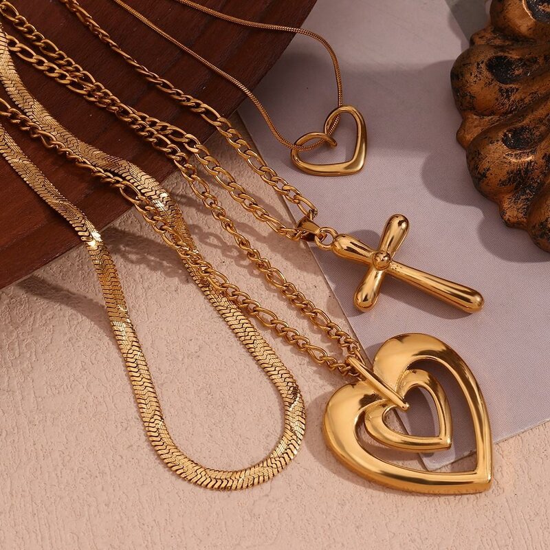 Necklace Set Factory - 2024 Trend PVD Gold Plated Stainless Steel Heart Cross