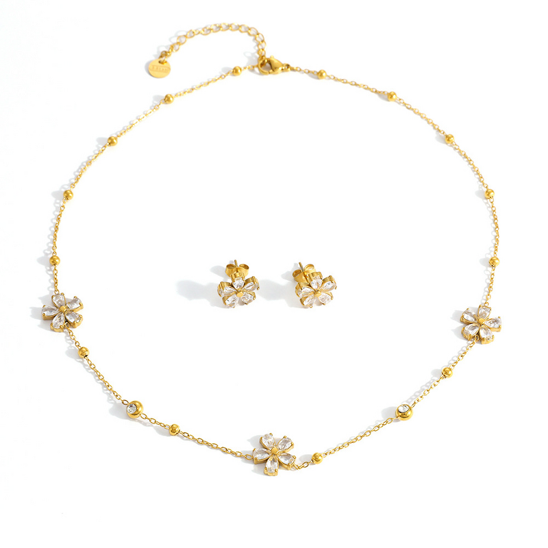 Zircon Flower Jewelry Set Manufacturer - Trendy 18K Gold Plated Blossom Set
