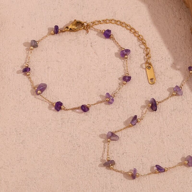 Purple Crystal Choker Supplier - Gold Plated Gemstone Bead Stainless Steel