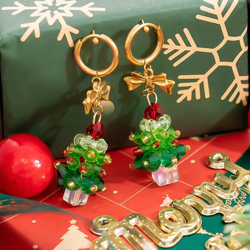 Christmas Earrings Manufacturer - Crystal Christmas Tree 18K Gold Plated Bow