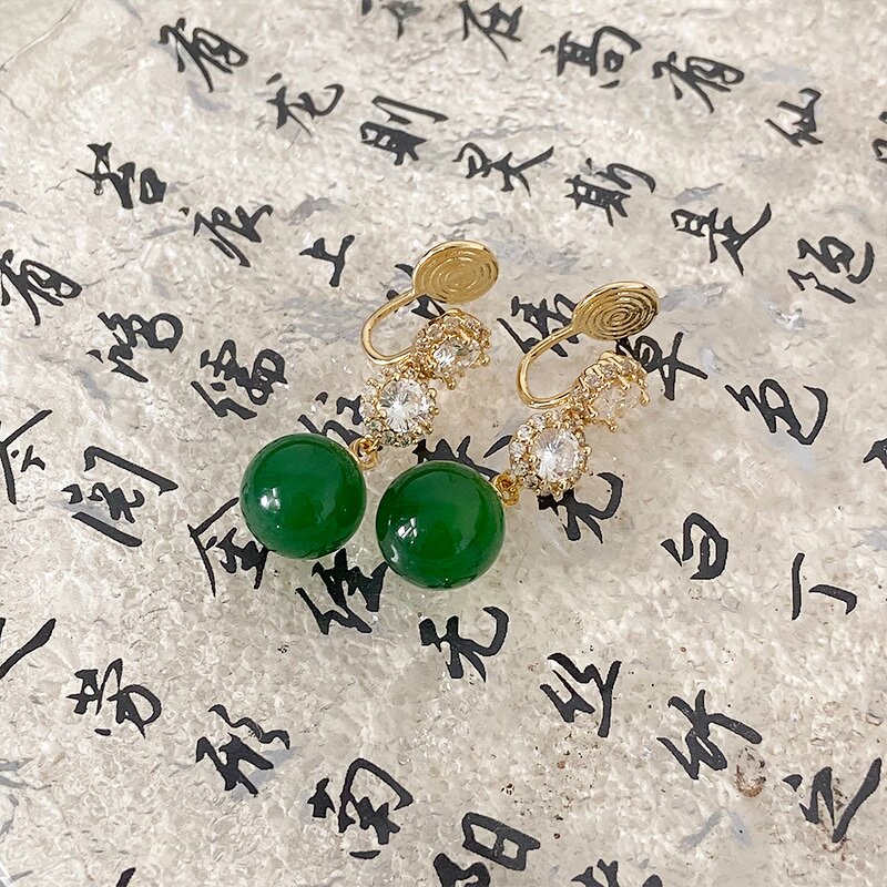 Mosquito Coil Ear Clip Supplier - Vintage Green Agate Zircon 18K Gold Plated