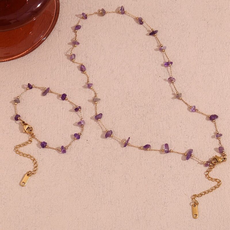 Purple Crystal Choker Supplier - Gold Plated Gemstone Bead Stainless Steel