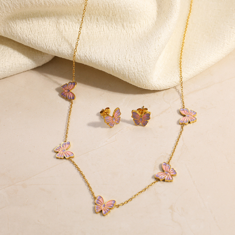 Pink Butterfly Jewelry Set Factory - Oil Drop 18K Gold Plated Necklace Set