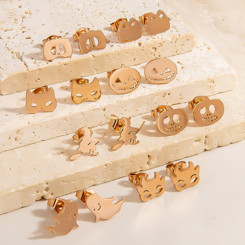Halloween Earrings Manufacturer - Ghost Witch Pumpkin Head 18K Rose Gold Plated