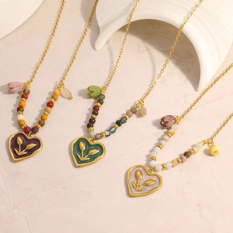 Drip Oil Heart Necklace Manufacturer - Vintage Beaded Chain 18K Gold Plated