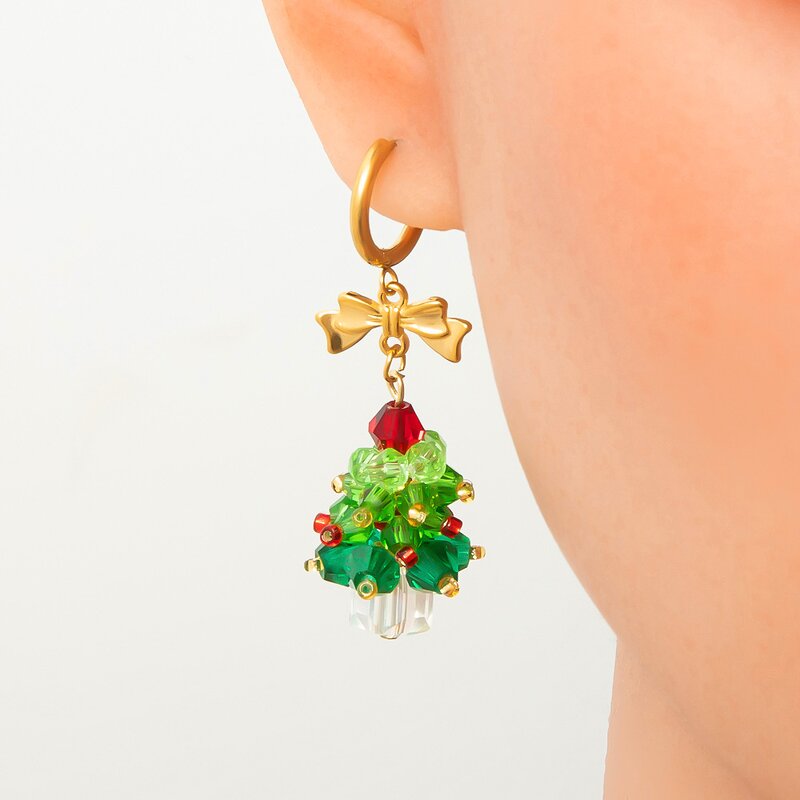 Christmas Earring Supplier - Crystal Tree Joker 18K Gold Stainless Steel Hoop