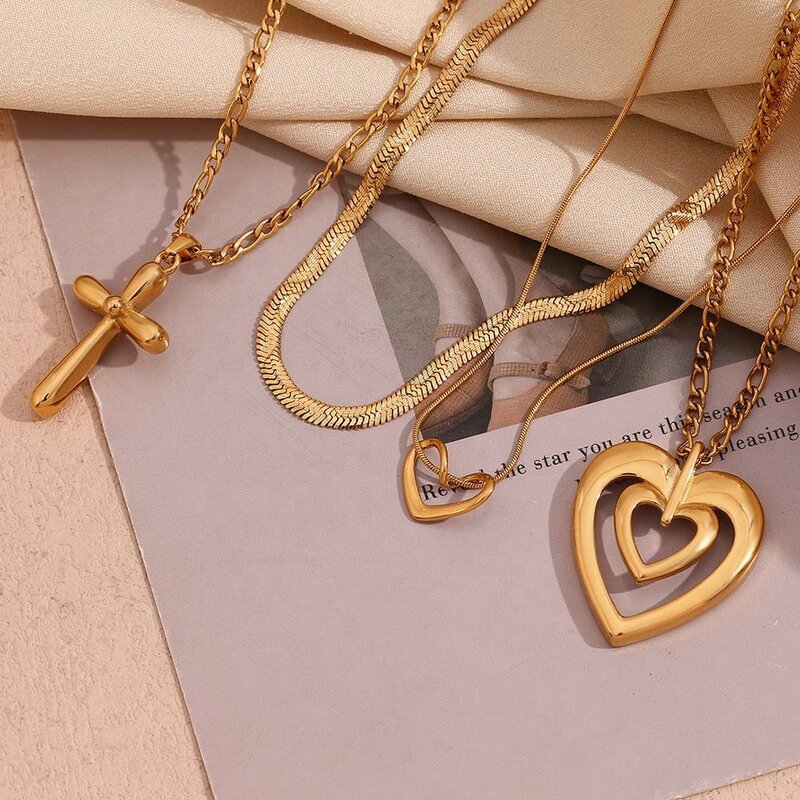 Necklace Set Factory - 2024 Trend PVD Gold Plated Stainless Steel Heart Cross