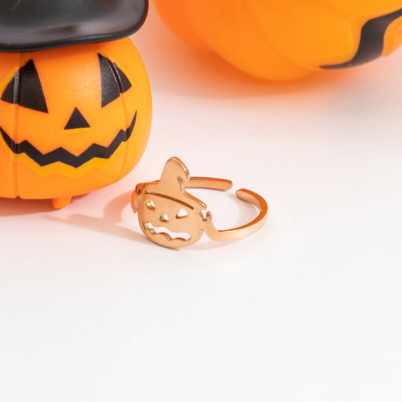 Halloween Ring Supplier - Stainless Steel Open 18K Gold Cartoon Pumpkin