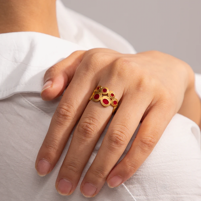 Double Layer Ring Manufacturer - Waterproof 18K Gold Plated Red Dripping Oil