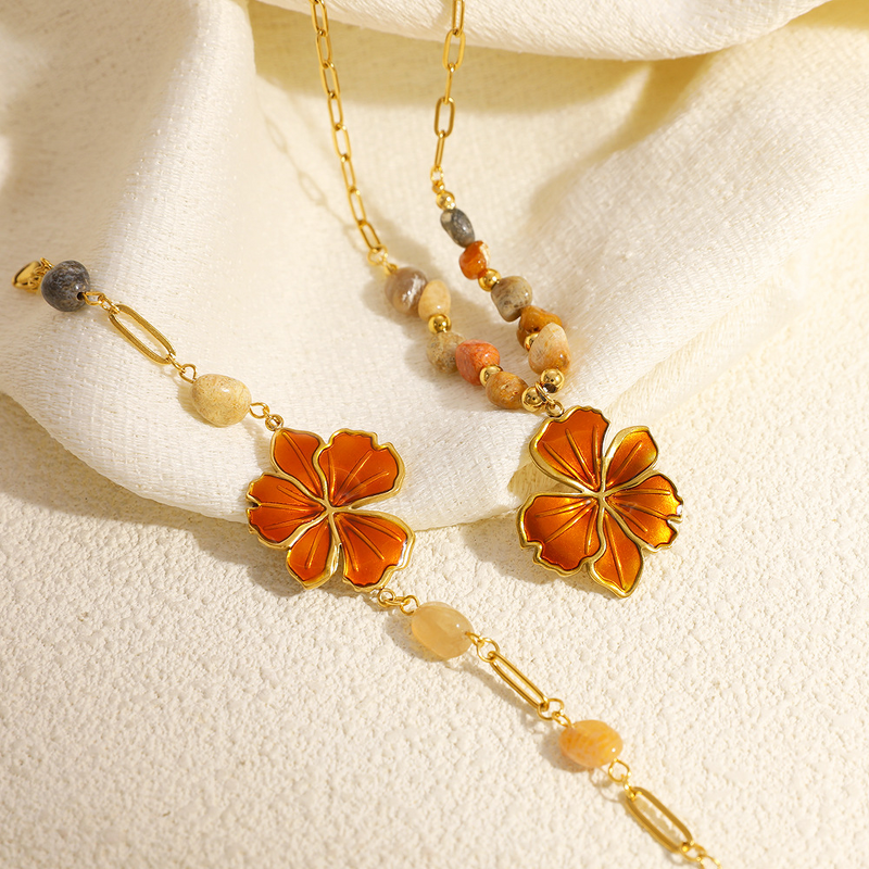 Oil Drop Flower Necklace Factory - Natural Stone Beaded Chain 18K Gold Plated