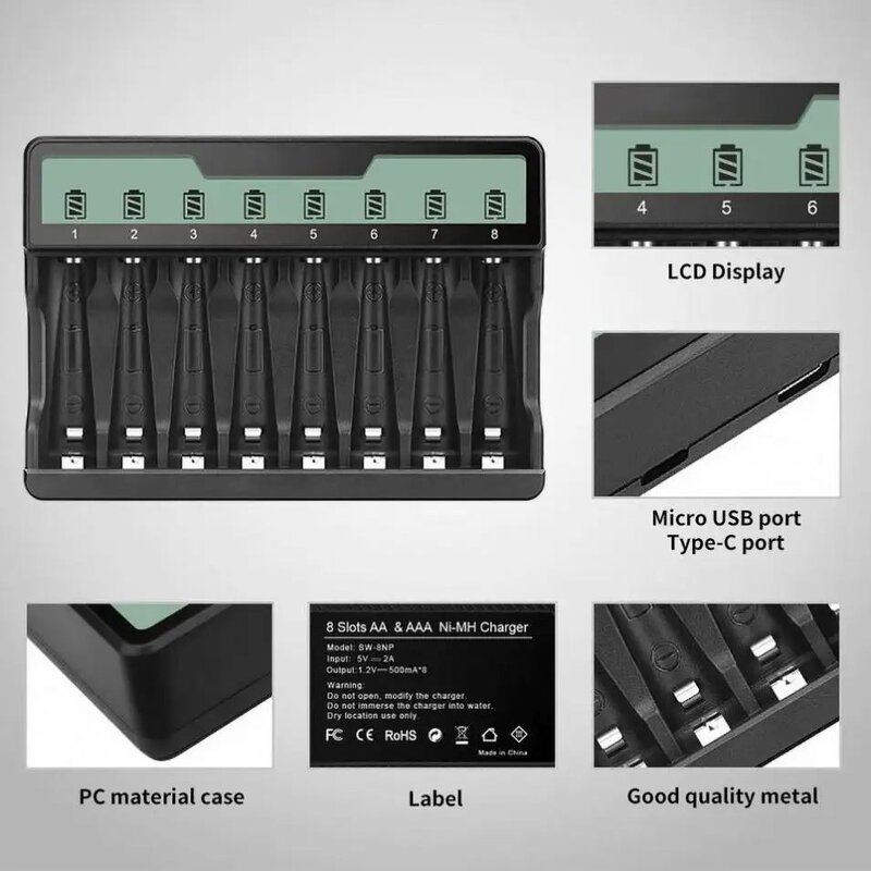Battery Charger Supplier - 8 Bay AA AAA High-Speed USB Independent Slots for Ni-MH Ni-CD