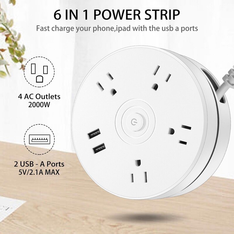 Round Power Strip Factory - Portable Extension Cord Socket Plug USB Charger with 2 USB Cable