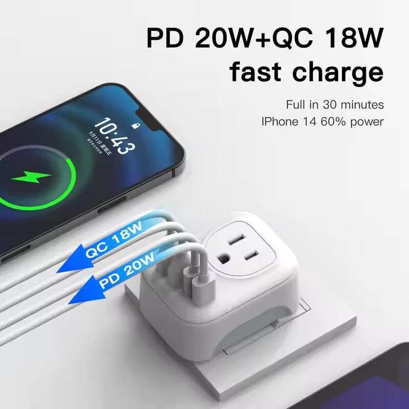 Travel Plug Adapter Manufacturer - PD 20W EU to US with 2 AC Outlets 4 USB Ports Fast Charging