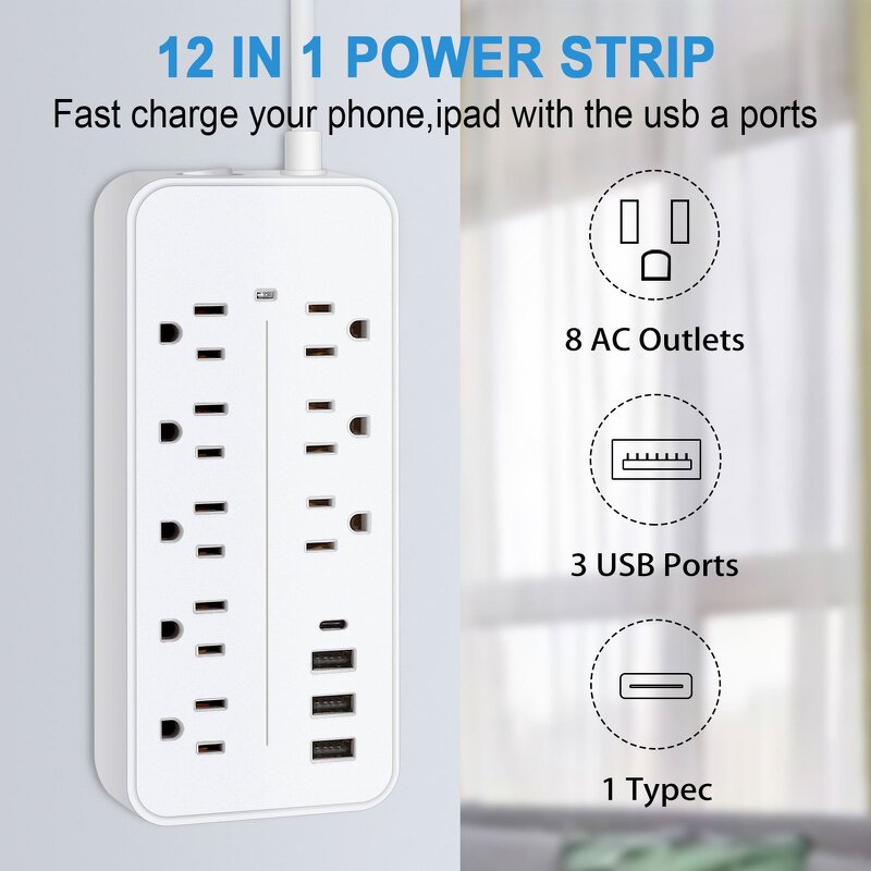 Surge Protector Power Strip Supplier - 3USB+1Type C Socket for Home US Standard 250V 8 Outlets