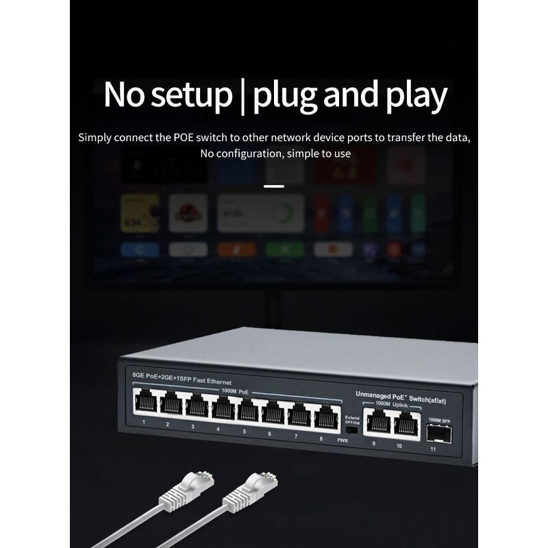 Standard POE Switch Factory - 11 Ports 1000Mbps 8 PoE+ 2 Gigabit Uplink +1 SFP 120W Unmanaged