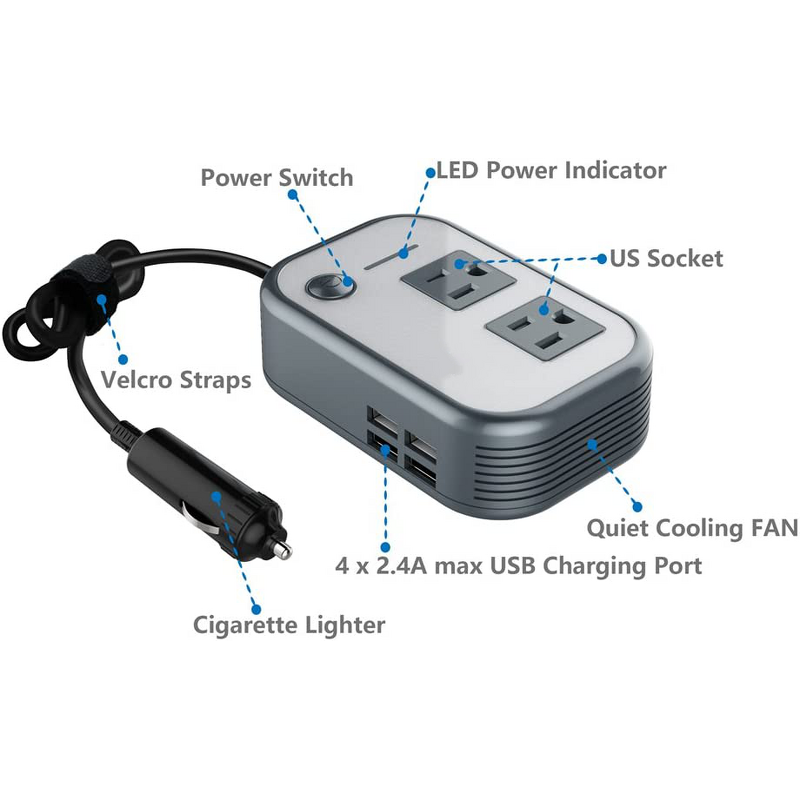 DC to AC Inverter Manufacturer - 12V to 110V 200W Car Power with Four USB Ports Charger