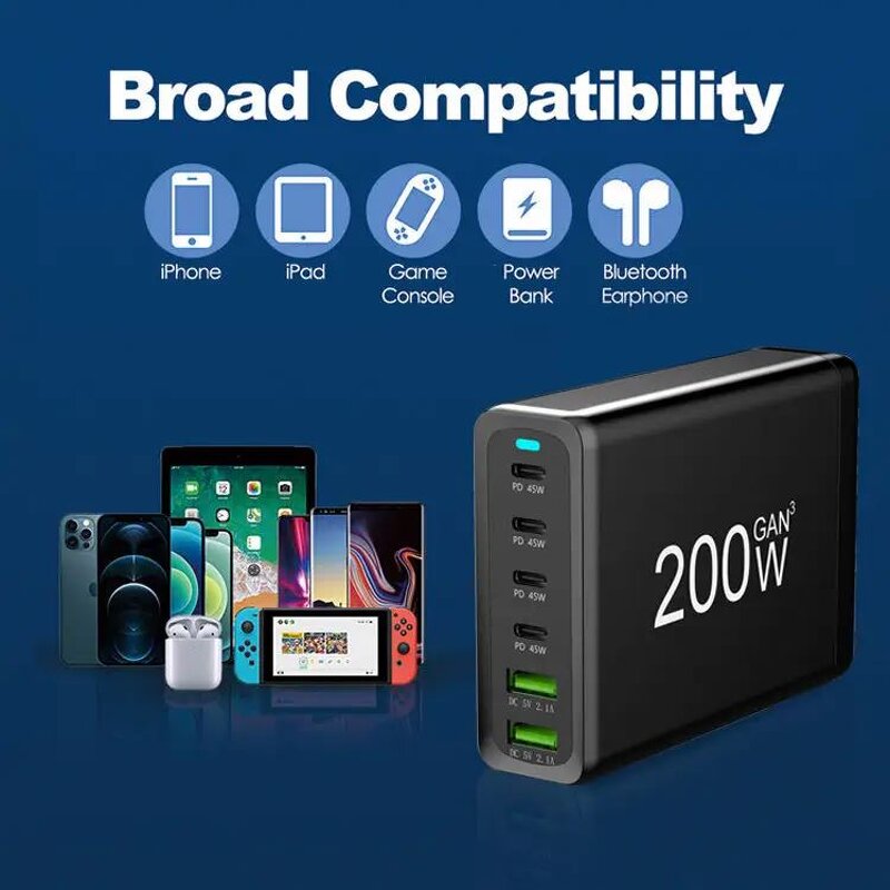 Multi USB Charger Factory - 200w Gan 6 Ports Quick Charge Station Dock US AU EU UK KR