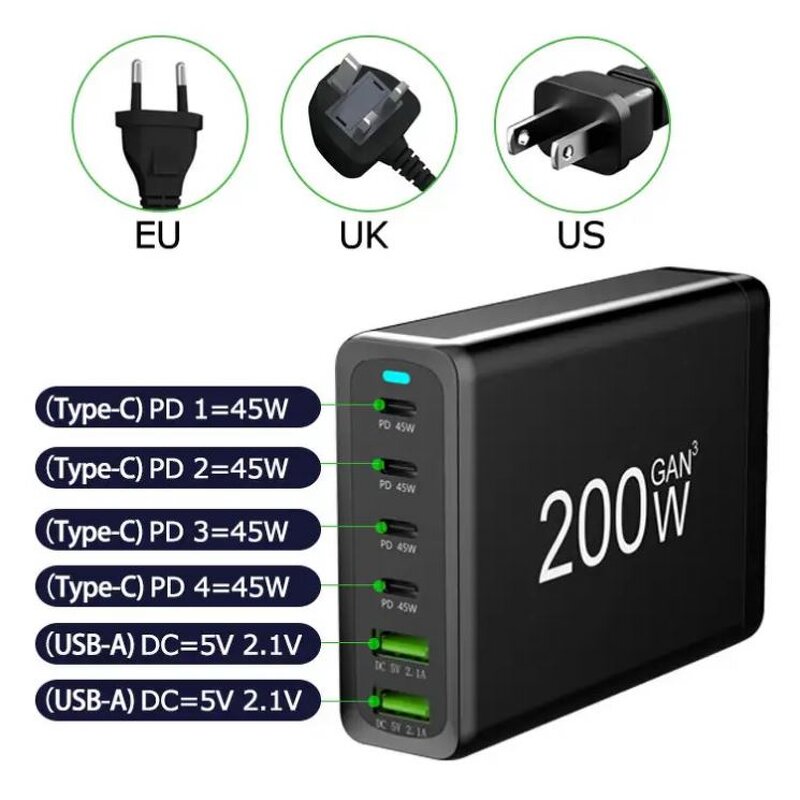 Multi USB Charger Factory - 200w Gan 6 Ports Quick Charge Station Dock US AU EU UK KR