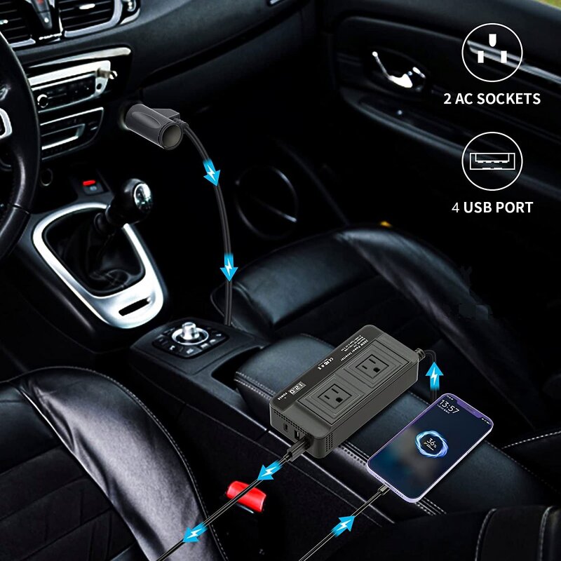 EU Sockets Car Inverter Factory - 2 AC Outlet 4 USB Modified Sine Wave 200W DC 12V to AC 220V