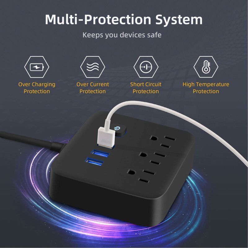 US Power Socket Extension Supplier - Surge Protector with 3 AC Outlets and 3 USB Ports Power Strip