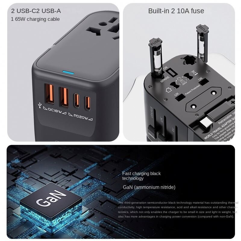 Universal Travel Charger Manufacturer - GaN PD 65w All in One 4 USB Retractable Cable Multi Fast