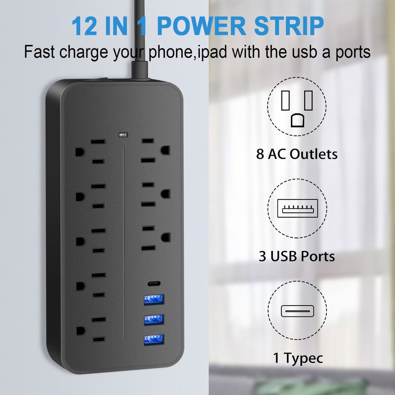 Surge Protector Power Strip Supplier - 3USB+1Type C Socket for Home US Standard 250V 8 Outlets