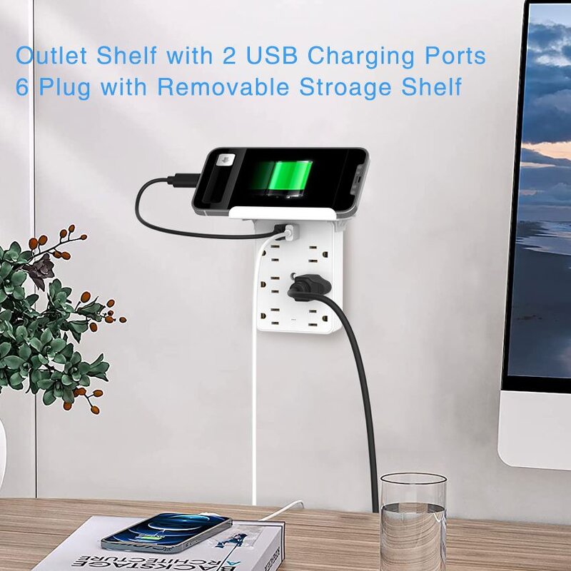 Wall Outlet Extention Manufacturer - 2USB+C US Receptacle 6 Way with Holder 5V 3.6A Fast Charging