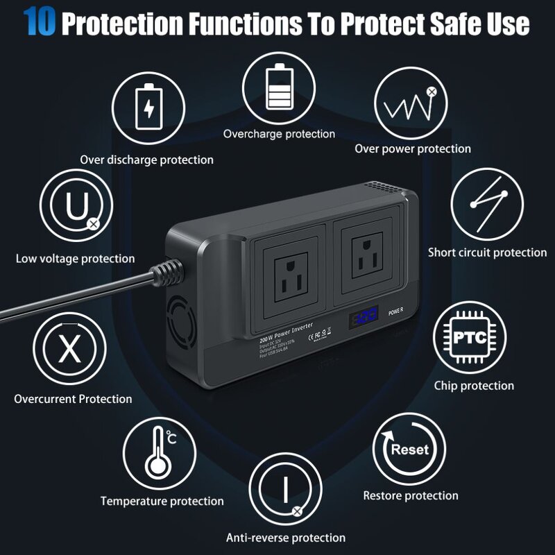 EU Sockets Car Inverter Factory - 2 AC Outlet 4 USB Modified Sine Wave 200W DC 12V to AC 220V