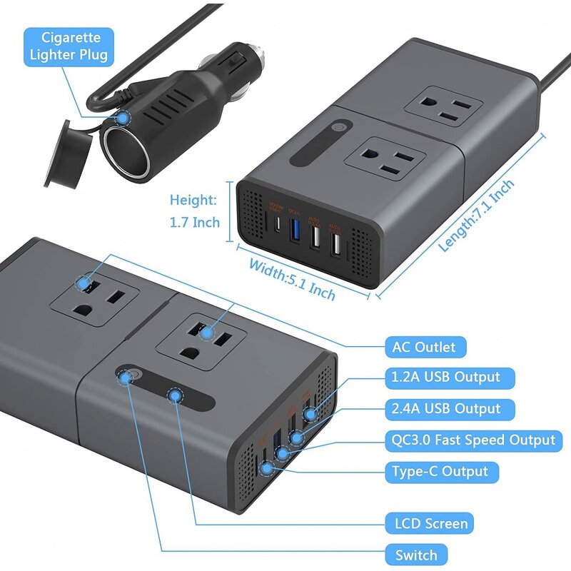 Car Power Inverter Manufacturer - DC 12V to 110V/220V 200W with 4-Port USB PD QC3.0 Adapter