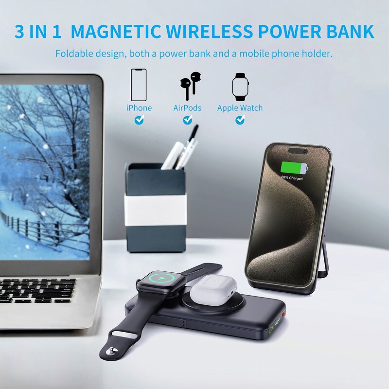 Wireless Charger Power Bank Factory - 3 In1 Universal Magnetic 15w Black TOP Li-polymer 10000Mah
