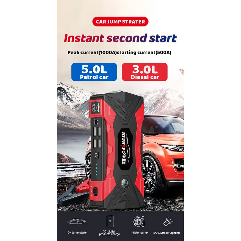 Smart Car Jump Starter Manufacturer - 12V Emergency Starting LED Lighter Safety Hammer Compass 600A