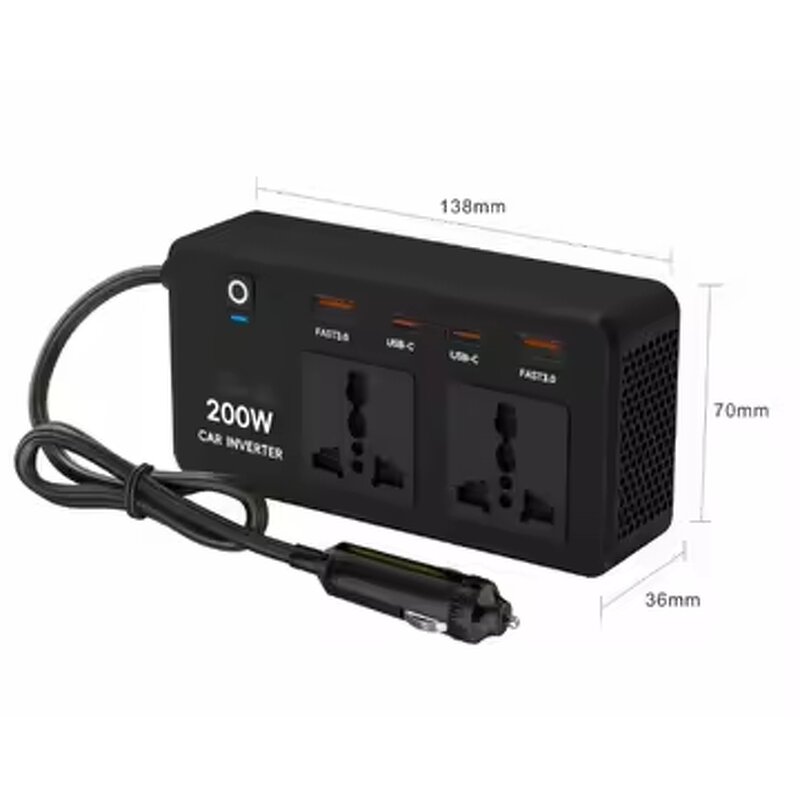 Car Power Inverter Manufacturer - DC 12V to 110V/220V 200W with 4-Port USB PD QC3.0 Adapter