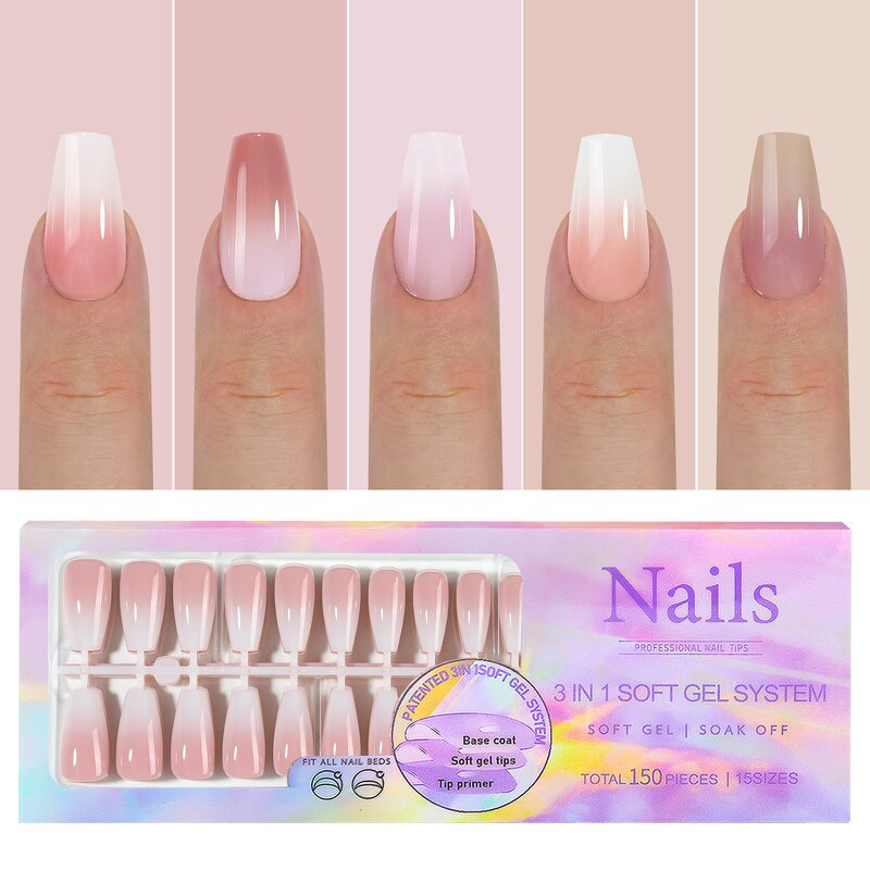 Gradient Nail Tips Supplier - Luxury 150pcs French Pink Almond Square Press on Tips