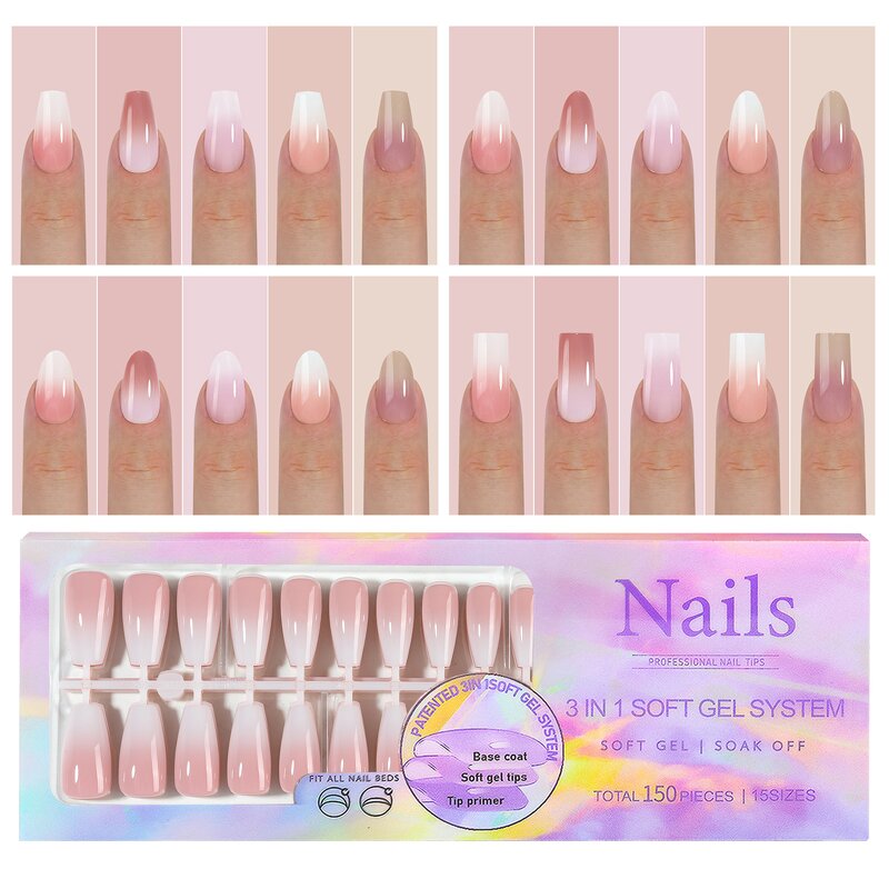 Gradient Nail Tips Supplier - Luxury 150pcs French Pink Almond Square Press on Tips